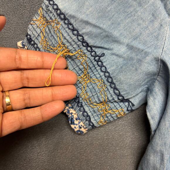 Lapis Embroidered Chambray Maxi Dress S Blue Cottagecore Hippy Boho Soft Denim - Picture 7 of 11